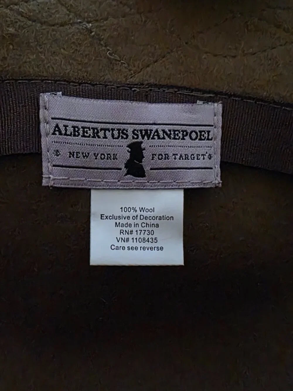 Albertus Swanepoel for Target 100% Wool Cloche Hat Olive Taupe Ribbon Detail
